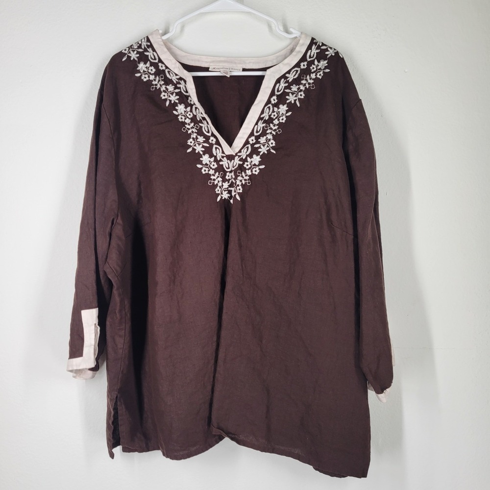 JM Collection Woman Brown Linen Embroidered V Neck Tunic Top Blouse 24W